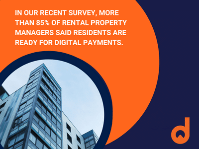 A picture of a tall building with the words "In our recent survey, more than 85% of rental property managers said residents are ready for digital payments".
